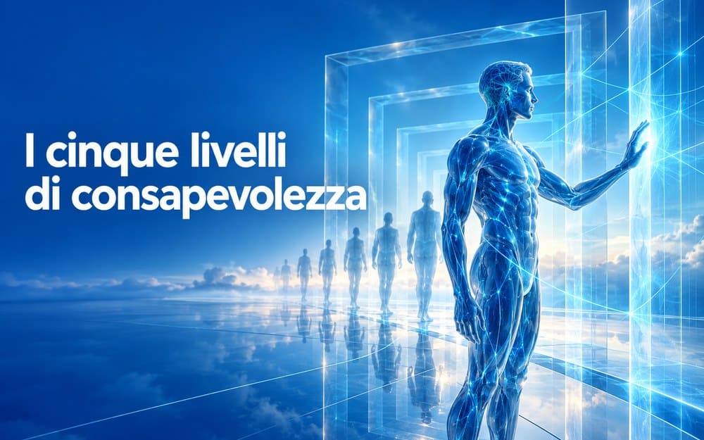 Figura umana luminosa osserva una struttura trasparente, con altre figure in sequenza sullo sfondo: rappresentazione simbolica dei livelli di consapevolezza.